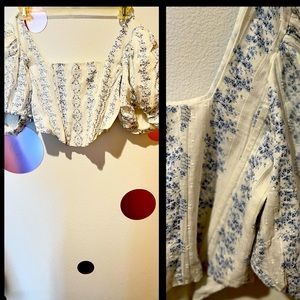 RARE SAILOR ~ Boned Crop Top ~ Blue Floral Puff Sleeves ~ Sz M